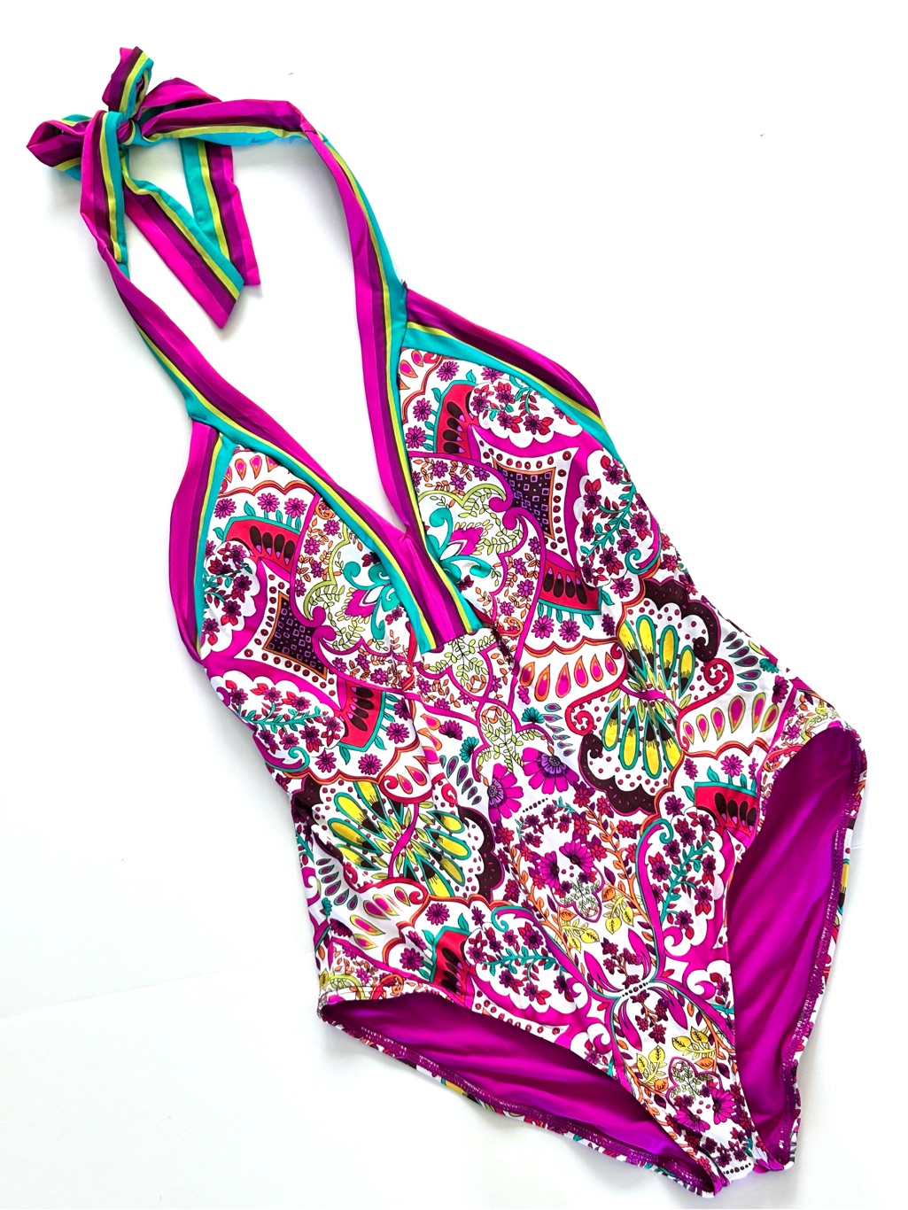 Trina Turk Hawaiian Garden Halter Plunge One Piece Swimsuit Multi-Color Sz 14